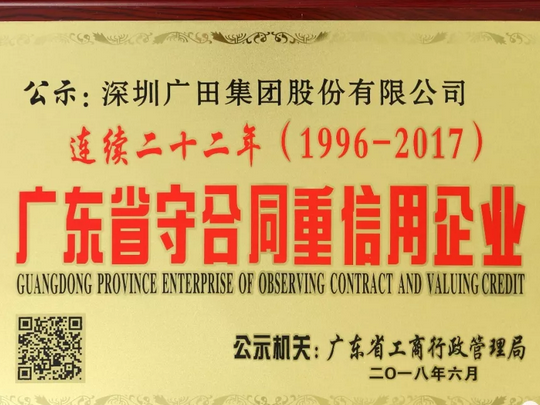 喜訊！廣田集團連續二十二年榮膺 “廣東省守合同重信用企業”稱號